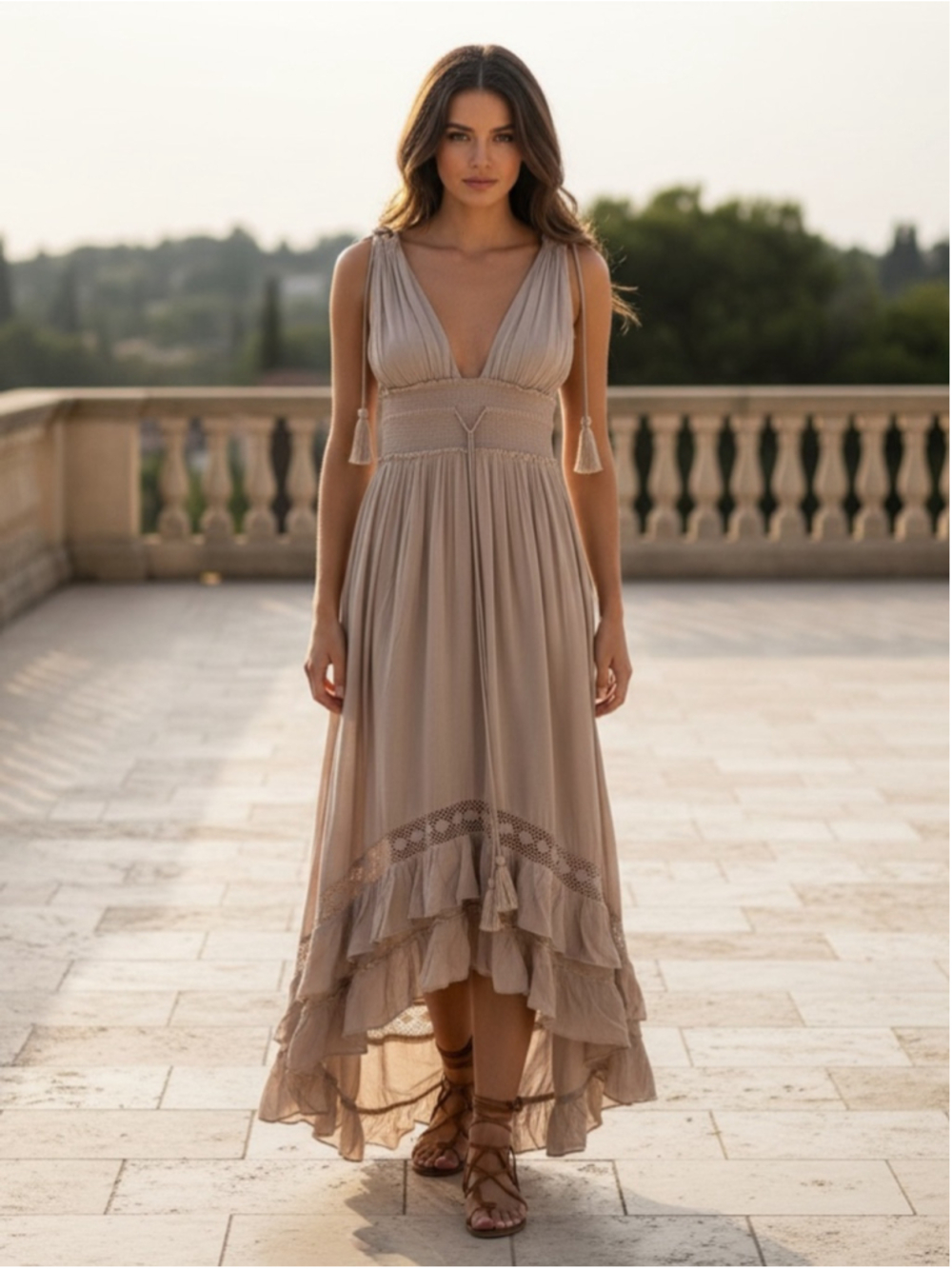 Venus Women’s Beige Tassel Ruffle Lace Smocked Waist Boho Maxi Dress Size Large - Picture 2 of 11